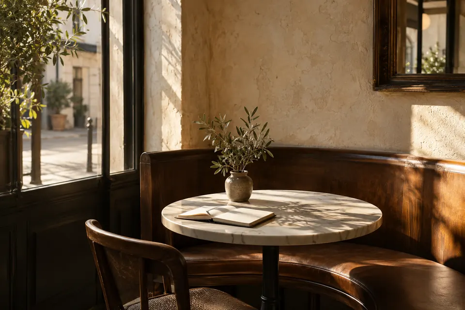 Table de marbre ensoleillée près d’une banquette en noyer, avec un carnet ouvert.