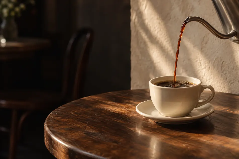 Du café versé dans une tasse en céramique ivoire sur une table en noyer, à la lumière du matin.