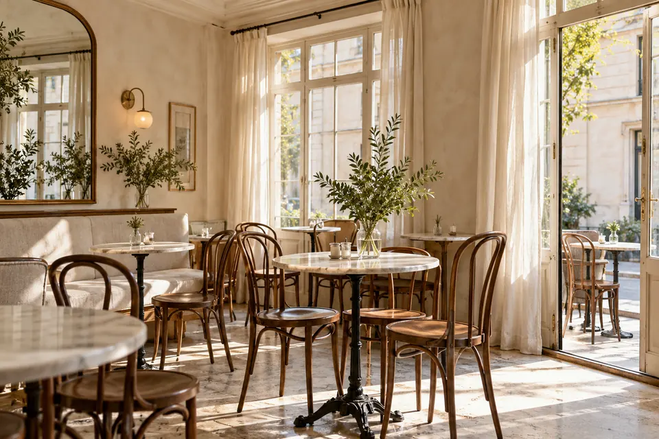 Café lumineux et vide, murs crème, chaises en noyer et tables de marbre près de grandes fenêtres.