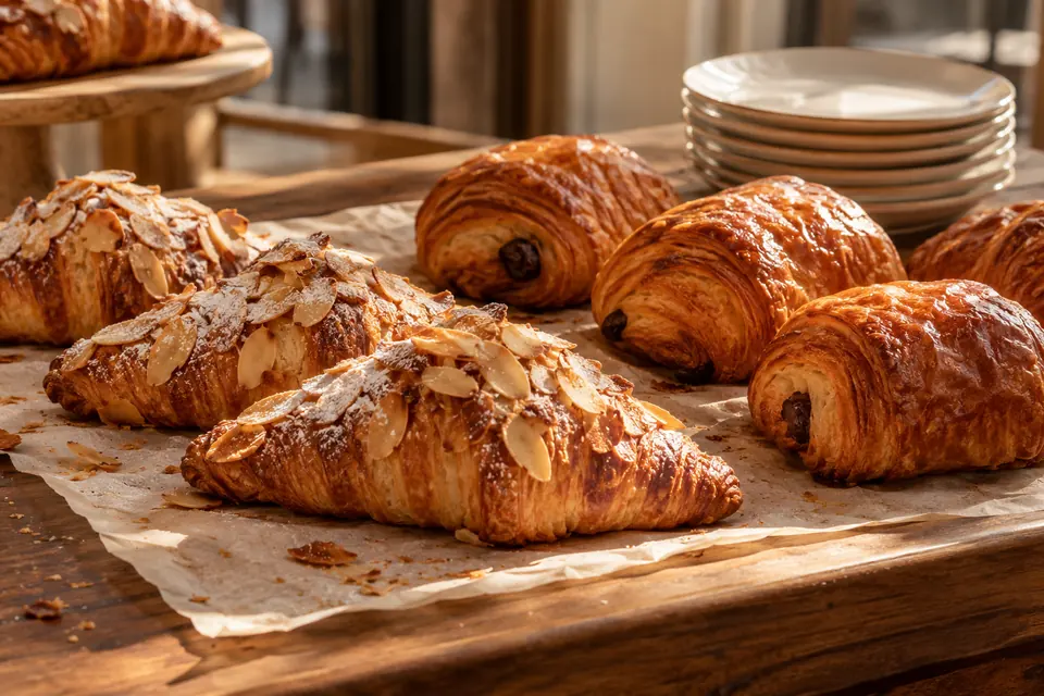 Croissants aux amandes et pains au chocolat dorés sur un comptoir de café.