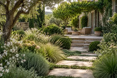 Des marches en pierre claire traversent un jardin luxuriant vers une terrasse abritée.