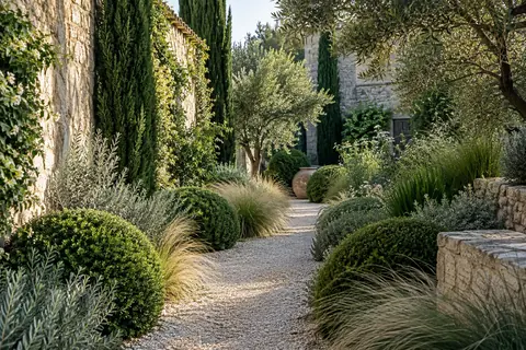 Une allée de jardin entre des arbustes sculpturaux et des graminées souples.