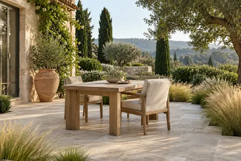 Une table en chêne et des fauteuils en lin sur une terrasse de jardin en pierre.